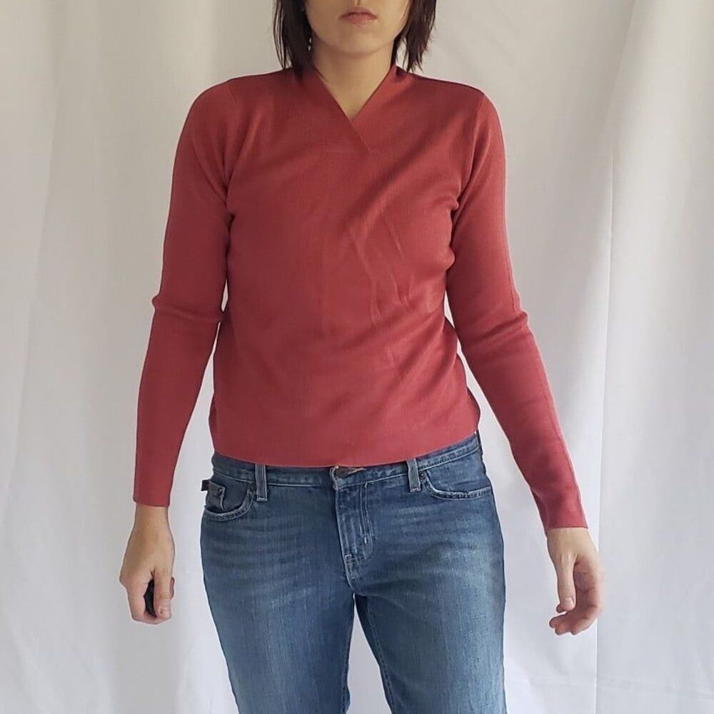LOFT Coral Red Silk Long Sleeve Top